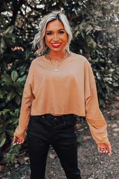 Newly Obsessed Crop Top In Camel New Obsession, Loose Sleeves, Crew Cut, Trendy Top, Fall Clothes, Crew Cuts, Camel Color, Model Fits, Trendy Tops