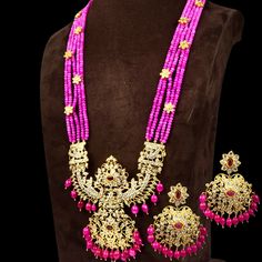 Most beautiful gold replica pachi work  pendent set with beads  look.very grand and real one perfect for a Indian bridal Yellow Gold Kundan Necklace For Puja, Gold Kundan Chandbali Beaded Necklaces, Gold Kundan Beaded Necklace For Puja, Gold Kundan Beaded Necklaces For Puja, Kundan Beaded Necklace With Meenakari For Puja, Yellow Gold Kundan Necklace With Stone Work For Festivals, Pink Kundan Temple Necklace With Meenakari, Pink Meenakari Kundan Temple Necklace, Pink Jewelry For Diwali Puja