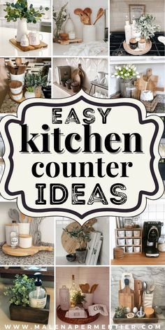 the words easy kitchen counter ideas are shown in many different pictures, including pots and pans