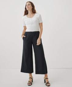 Women’s Coastal Double Gauze Wide Leg Pant made with Organic Cotton | Pact Black Coastal, Chambray Pants, Travel Pants, Double Gauze Fabric, Wide Leg Linen Pants, Gauze Fabric, Wide Leg Pant, Double Gauze, Designer Clothes For Men