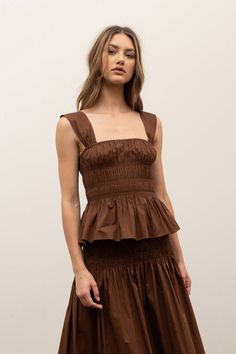 Brown Tiered Mini Skirt For Summer, Fitted Brown Tiered Mini Skirt, Summer Brown Flared Mini Skirt, Brown Flared Mini Skirt For Summer, Summer Flared Mini Skirt In Brown, Maxi Skirt Set, Moon River, Brown Top, Flat Iron