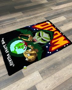 the rug is on the floor with an image of a man and woman in space