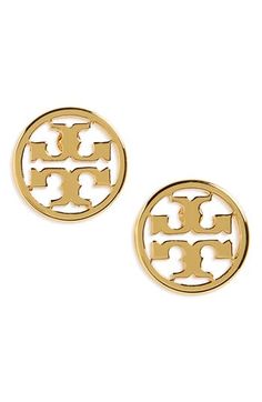 The iconic Tory Burch logo sits in delicate circle stud earrings that finish your look with a sophisticated and refined touch. 3/8" diameter. Post back. 16k-gold plate, 18k-rose gold plate or silvertone plate. By Tory Burch; imported. Classic Yellow Gold Jewelry With Logo, Classic Gold Jewelry With Logo, Elegant Gold Jewelry With Logo, Sew Heart, Snowy Pinecone, Circle Stud Earrings, Berry Wreath, Art Jewelry Contemporary, Heart Pillow