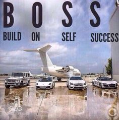 an advertisement with cars parked in front of a plane and the words boss on self success