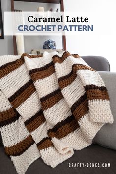 Off white, caramel, and brown striped blanket with a pattern variation being displayed over the back of a couch Heart Crochet Blanket, Crochet Blanket Patterns Free, Crochet Baby Blanket Tutorial, Stitch Techniques, Heart Crochet, Easy Crochet Blanket