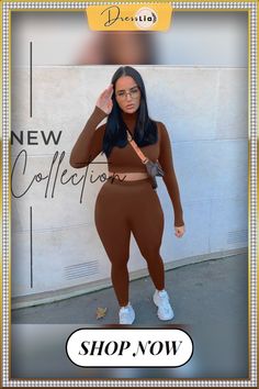 Women’s Suits Solid Long-sleeves Short Top + High-waist Skinny Pants Casual Outfits for Ladies Tracksuits Women Set Fitted Brown Long Sleeve Sets, Fitted Solid Color Sets For Fall, Solid Fitted Long Sleeve Sets, Solid Color Fitted Long Sleeve Sets, Fitted Long Sleeve Two-piece Set For Fall, Fitted Two-piece Jumpsuit With Long Sleeves, Fitted Long Sleeve Two-piece Set, Trendy Fitted Brown Set, Fitted Long Sleeve Two-piece Jumpsuit