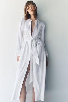 Chic Maxi Dress With Tie Fastening For Daywear, Chic Long Shirt Dress For Daywear, Chic White Linen Workwear Dress, Long Shirt Dress For Spring Workwear, Chic White Linen Dress For Work, Belted Maxi Shirt Dress For Daywear, Chic Spring Maxi Dress With Belted Cuffs, Elegant Maxi Dress With Tie Fastening For Day Out, Chic Spring Shirt Dress With Tie Fastening