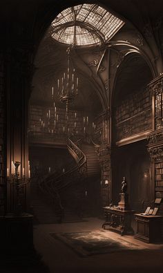 an old library with many bookshelves and chandeliers