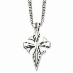 Stainless Steel Polished & Antiqued Dagger Cross 22in Necklace. Finish:Polished & Antiqued|Chain Length:22 in|Chain Width:3 mm|Charm/Element Length:40 mm|Charm/Element Width:30 mm|Clasp /Connector:Lobster (Fancy)|Material: Primary:Stainless Steel|Item Weight U/M:gm|Product Type:Jewelry|Jewelry Type:Necklaces|Sold By Unit:Each|Necklace Type:Necklace with Pendants|Gender:Men's|Bail Width:8 mm|Material: Primary - Color:White|Bail Length:11 mm Size: Length: 22 inch -.  Color: Metal Type.  Gender: un Stainless Steel Cross Pendant, Gold Cross Necklace, Stainless Steel Polish, Bow Jewelry, Cross Jewelry, Yellow Gold Chain, Cross Pendant Necklace, Steel Necklace, Multi Strand Necklace