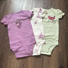 Set Of Three Infant 12 Month Bodysuits. Unwashed And Unworn. They Came In A Pack Of 5, But I Used The Other Two. Purple ‘The Cutest Of The Bunch’, White With Grapes, And A Green Bodysuit With A Bird. Nwot Offers Accepted! Cute Purple Cotton Onesie, Baby Easter Outfit, Carl Gallagher, Green Bodysuit, Purple Baby, Baby Easter, Girl Onesies, Baby Time