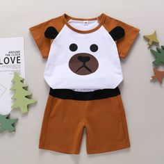 Summer toddler kids cartoon bear short-sleeved suit - PrettyKid Cute Cartoon Print Short Sleeve Sets, Cute Short Sleeve Sets With Cartoon Print, Family Matching Sets With Cartoon Print Short Sleeves, Cute Short Sleeve Sets With Character Print, White Short Sleeve Sets With Character Print, Kids Cartoon, Cartoon Bear, Brown Pants, Bear Cartoon