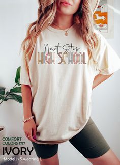 "8th Grade Graduation Shirt, Next Stop High School Tshirt, Middle School Graduation Gifts For Her, Last Day of School Teacher Summer T-Shirt HOW TO ORDER ➀ Select color ➁ Select the size (Please check size chart) ✦ True to size. Size up 1-2 sizes for an oversized look. ➂ Add to cart ✦ (Optional) \"Add message to Seller\" on the checkout page. GARMENT FEATURES ✦ Crew neckline ✦ Direct to garment printing - no vinyl, decal, or iron-on technique ✦ Our designs are printed on the garment to last a lo School Crew Neck T-shirt With Slogan, School T-shirt With Slogan And Crew Neck, School Crew Neck Shirt With Slogan, School Slogan T-shirt With Crew Neck, End Of School Year Slogan T-shirt With Crew Neck, White College T-shirt With Lettering, White Slogan T-shirt For School, Cute White College T-shirt, Cute White T-shirt For College