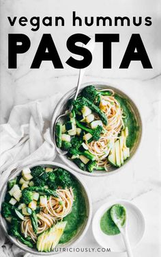 vegan hummus pasta with broccoli, zucchini and spinach