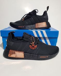 Adidas NMD_R1 Black / Core Black / Rose Gold Metallic Shoes Woman's Size 8.5 new with box/ Damage Box Nmd Adidas Women, Adidas Nmd R1 Black, Power Moves, Black Core, Adidas Shoes Women, Adidas Nmd R1, Metallic Shoes, Black Fire, Nmd R1