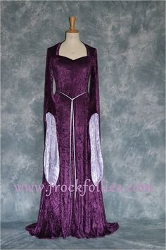 Medieval Dress Pagan Dress Elvish Dress by frockfollies on Etsy Gothic Floor-length Dress With Fitted Bodice, Elven Style Wedding Dress With Historical Design, Elven Wedding Dress With Historical Design, Purple Fantasy Dresses For Fantasy Events, Fantasy Style Floor-length Wedding Dress, Fantasy Floor-length Wedding Dress, Fitted Purple Dress With Long Train, Purple Fitted Dress With Long Train, Fitted Elvish Dresses For Medieval Festivals