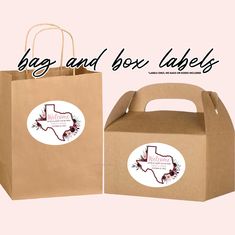 a brown paper bag with a sticker on the front and side of it, next to an image of a texas map