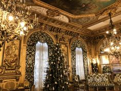 an elaborately decorated room with chandeliers and paintings