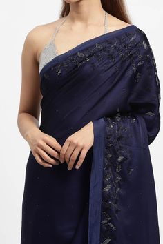 Navy blue saree embroidered with glass bugles and crystals in geometric patterns. Comes with a running blouse piece. - Aza Fashions Embroidered Georgette Pre-draped Saree For Formal Occasions, Semi-stitched Embellished Blue Saree, Embellished Blue Saree For Diwali, Festive Blue Embellished Pre-draped Saree, Blue Embellished Saree With Traditional Drape, Embellished Chanderi Fabric In Traditional Drape, Blue Resham Embroidery Blouse For Evening, Blue Embellished Saree For Festivals, Blue Embellished Saree For Eid