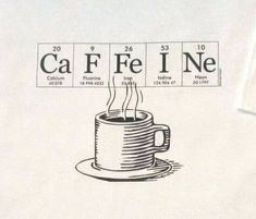 a coffee cup with steam rising from it and the name caffeine on it