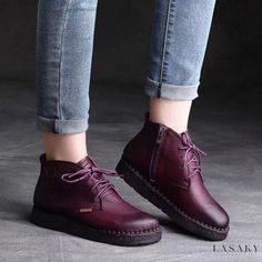 Lasaky - Handcrafted Vintage Leather Short Boots with Side Zipper and Lace-Up Design - Comfortable Flat Sole Ankle Boot Women's Booties, Girls Ankle Boots, Short Leather Boots, Handmade Boot, Leather Short, Ankle Boots Flat, Genuine Leather Shoes, Womens Knee High Boots, Prom Shoes