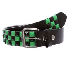 PRICES MAY VARY. Snap on, interchangeable roller buckle Green & Black checkerboard studs have rounded prongs on the backs to prevent snagging on pants like all studded belt owners know about. Material: synthetic leather with quality PU leather Width: 1 1/2" (38 mm) Sizing: This belt is measured from inside edge of buckle to the center hole, the 3rd hole from the tip end. order 2 inches larger than pants size for best fit. e.g. XS 27"-29" fits pants size 25"-27"; S 30"-32" fits pants size 28"-30"