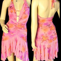 New, Never Been Used/Washed, Womens Sleeveless A-Line Sheath Halter Bodycon Dress With Deep V-Neck Cut Out Front, Open Back, In Pink With Multicolor Rose/Roses Floral Print Or Flowers Pattern - Open Back Dresses, Cute And Sexy Dresses. Has A Deep Cleavage V-Neck Cut Out, And Wide Tie-Back Neck Strap With Open Back. The Floral Graphic Print Was Stamped Printed, So Random Areas Throughout The Dress Has Either Has Print Or No Print, See Photos. Fabric Material Is 100% Polyester. Made In Usa. Womens Fitted Sleeveless Rose Print Dresses, Fitted Sleeveless Dress With Rose Print, Fitted Rose Dress With Ruffles, Rose Fitted Dresses With Ruffles, Feminine Fitted Rose Mini Dress, Fitted Feminine Rose Mini Dress, Fitted Rose Print Dress, Feminine Sleeveless Rose Print Mini Dress, Feminine Sleeveless Mini Dress With Rose Print