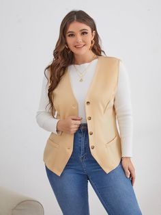 Damasco elegante Collar Sem Mangas Poliéster Simples Colete Embellished Elasticidade Baixa Primavera / Outono Ternos plus size White Vest Outfit, Plus Size Vest, Plus Size Blazers, Vest Plus Size, Blazer Plus Size, Plain Vest, Polished Casual, Sleeveless Blazer, Diy Clothes And Shoes