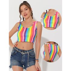 Keep your style on point with this multicolor blouse. U neck and sleeveless design would make you the charming girl in the crowd. A stylish colorful rainbow cropped top is effortless to pair perfectly with high-waist jeans for a fashionable and chic silhouette. Suitable for daily, weekend, beach, vacation, shopping, gathering, etc. This tank top's charming design adds to your choice for the upcoming seasons. Casual Multicolor Color Block Tank Top, Trendy Rainbow Top For Pride, Spring Multicolor Color Block Tank Top, Trendy Multicolor Tops With Rainbow Print, Summer Color Block Sleeveless Tops, Summer Sleeveless Color Block Tops, Fitted Multicolor Crop Top Tank, Trendy Striped Sleeveless Crop Top, Trendy Sleeveless Color Block Tank Top