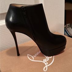 Brand New In Original Box And Dust Bag. Christian Louboutin Dirdibootie 130 Calf Ankle Booties Black Size: Eu 35. Us 5, Heel Height Approx. 4.5", Platform Height Approx. 1.25" Luxury Ankle Boots With 4-inch Heel, Elegant Formal Platform Boots With 4-inch Heel, Calf Leather Ankle Boots For Evening, Elegant Ankle Platform Boots, Luxury Boots With 4-inch Heel For Night Out, Elegant High Heel Platform Boots With Reinforced Heel, Elegant Evening Platform Boots With Pointed Toe, Elegant High Heel Platform Boots For Evening, Elegant Platform Boots For Party