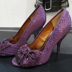 New Poetic Licence Heels Deep Purple Pleated Design That Looks Like Quilted Fabric Open Toe Large Rhinestone Bows Heel 3.5 In. Gorgeous Sz. 6m Us Euro 36.5 May Not Ship In Original Box **These Were Tried On By Customers In Our Boutique Dressing Room But Never Worn Off Of Our Carpet** Purple High Heel Shoes For Events, Purple Crystal Embellished Heels For Evening, Purple Crystal Embellished Evening Heels, Purple Wedding Shoes For Party, Purple Rhinestone Pointed Toe Heels, Purple Rhinestone Wedding Heels, Purple Embellished Open Toe Heels, Purple Rhinestone Heels For Formal Occasions, Purple Rhinestone Formal Heels