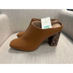 These Mules Are Brand New With Tags. Brown Faux Leather Heels For Office, Brown Pointed Toe Mules With Wrapped Heel, Brown Spring Heels For The Office, Brown Spring Heels For Office, Brown Spring Office Heels, Brown Pointed Toe Mules With 4-inch Heel, Brown Stacked Heel Heels For Work, Formal Brown Mules With Wrapped Heel, Brown Synthetic Mules With Padded Heel