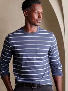 Beloved for its silky soft texture, this long-sleeve silhouette is made from American-grown SUPIMA® cotton, a customer-favorite fabric for its softness and strength.  GARMENT DYED: This special dye process produces a unique, color-washed look and ex Long Sleeve Cotton T-shirt For Loungewear, Long Sleeve Relaxed Fit T-shirt For Loungewear, Cotton Long Sleeve T-shirt For Loungewear, Blue Organic Cotton Long Sleeve Tops, Blue Soft-washed Long Sleeve T-shirt, Long Sleeve Soft-washed Cotton T-shirt, Soft-washed Long Sleeve T-shirt For Everyday, Soft-washed Long Sleeve T-shirt For Loungewear, Casual Long Sleeve Soft-washed T-shirt