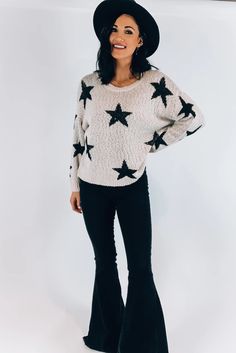 White Knit Star Sweater Cozy Long Sleeve Sweater With Star Print, White Winter Sweater With Star Print, White Star Print Winter Sweater, White Sweater With Star Print For Winter, Long Sleeve Sweater With Star Print For Fall, Long Sleeve Star Print Sweater For Fall, Fall White Sweater With Star Print, White Star Print Sweater For Fall, Winter Star Print Long Sleeve Sweater