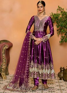 Purple Embroidered Satin Anarkali Satin Anarkali, Gharara Suits, Engagement Lehenga, Half Saree Lehenga, Embroidered Anarkali, Celebrity Closet, Casual Saree, Lehenga Saree, Net Dupatta