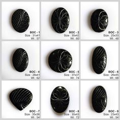 several pictures of different shapes and sizes of black stones with white writing on the bottom