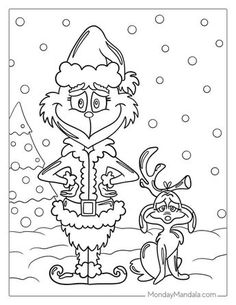 the grin and his reindeer are ready for christmas to be colored in with this coloring page