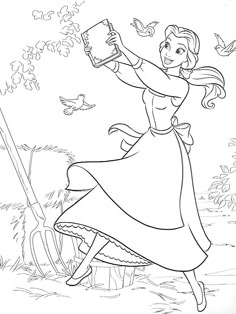 the princess is flying through the air with her book in her hand and birds around her