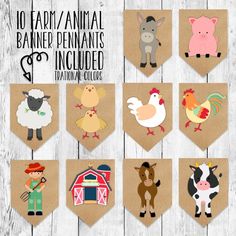 farm animals and barn animals on brown paper with the words 10 farm animal banner pennants included