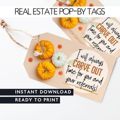 two tags with pumpkins on them and the words real estate pop - up tags