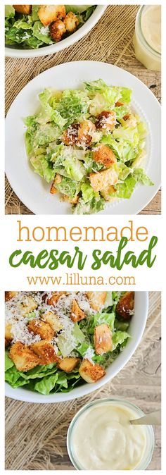 homemade caesar salad with creamy dressing in the middle and on the side, is ready to be eaten