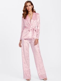 Crushed Velvet Wrap Top & Pants Pajama Set -SheIn(Sheinside) Long Weave, Pink Pajama, Cotton Pajamas Women, Velvet Collection, Cotton Pajama Sets, Plus Size Vintage, Belted Pants, How To Wear Scarves, Pajama Set Women