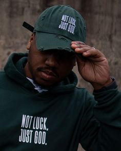 Not Luck, Just God. Distressed Snapback Dad Hat For Streetwear, Distressed Green Cap Hat, Distressed Cap For Streetwear, Green Distressed Cap, Distressed Green Cap, Distressed Cotton Dad Hat Casual Style, Distressed Cotton Casual Dad Hat, Casual Distressed Cap, Distressed Dad Hat For Streetwear