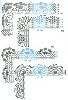 three rows of crocheted borders with flowers and leaves on them, all in blue