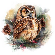 an owl sitting on top of a pine tree branch with cones and berries around it