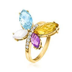 Ross-Simons - Moonstone, 4.20ct t. w. Multi-Gemstone Butterfly Ring, .12ct t. w. Diamonds. Size 9. As magnificent as the creature it's inspired by, this vibrant butterfly ring features captivating wings comprised of marquise 2.20 carat sky blue topaz, 1.50 carat citrine, .50 carat amethyst and 8x4mm moonstone. Finely crafted in polished 14kt yellow gold with .12 ct. t. w. round brilliant-cut diamonds twinkling along the center. 3/4" wide. Diamond, moonstone and multi-gemstone butterfly ring. Cit Elegant Multicolor Diamond Birthstone Ring, Elegant Cluster Rings With Gemstone Accents, Yellow Gold Cluster Rings With Gemstone Accents, Yellow Gold Cubic Zirconia Gemstones With Accent Stones, Elegant Multicolor Birthstone Ring With Center Stone, Elegant Multicolor Gemstones With Center Stone, Diamond Cluster Ring With Gemstone Accents In Yellow Gold, Yellow Gold Diamond Cluster Ring With Gemstone Accents, Fine Jewelry Multi-stone Topaz And Diamond Ring