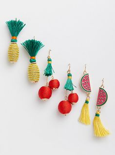 five different tasseled fruit and watermelon earrings