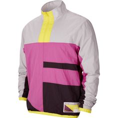 a white and pink jacket with yellow accents on the chest, front and back sides