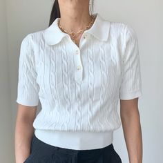 Soft Classy Preppy Off White Preppy Polo Knit Top Short Sleeve Buttons Elastane Hem Run Small . Model In Size M With Size S Body Type (S) Fits Xs (M) Fits Size S (L) Fits Size M (Xl) Fits Size L White Collared Ribbed Sweater, Trendy Knitted Tops For Work, Fitted Collared Pointelle Knit Tops, Chic Knit Tops With Ribbed Collar, Classic White Fine Knit Top, Elegant Fitted Cable Knit Top, White Collared Knit Tops, Elegant White Knitted Top, Casual White Knit Top With Ribbed Collar