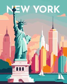 Paint by Numbers - Travel Poster New York New York Vintage Poster, New York Poster Aesthetic, New York Art Painting, Nyc Illustration, New York Travel Poster, New York Illustration, Art Deco Travel Posters, City Posters, New York Painting