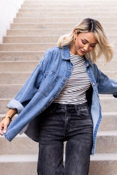 dark wash jeans, striped relaxed fit boxy tshirt, denim shirt jacket - the perfect early fall outfit. Top is linked! Follow for daily outfit inspo :)